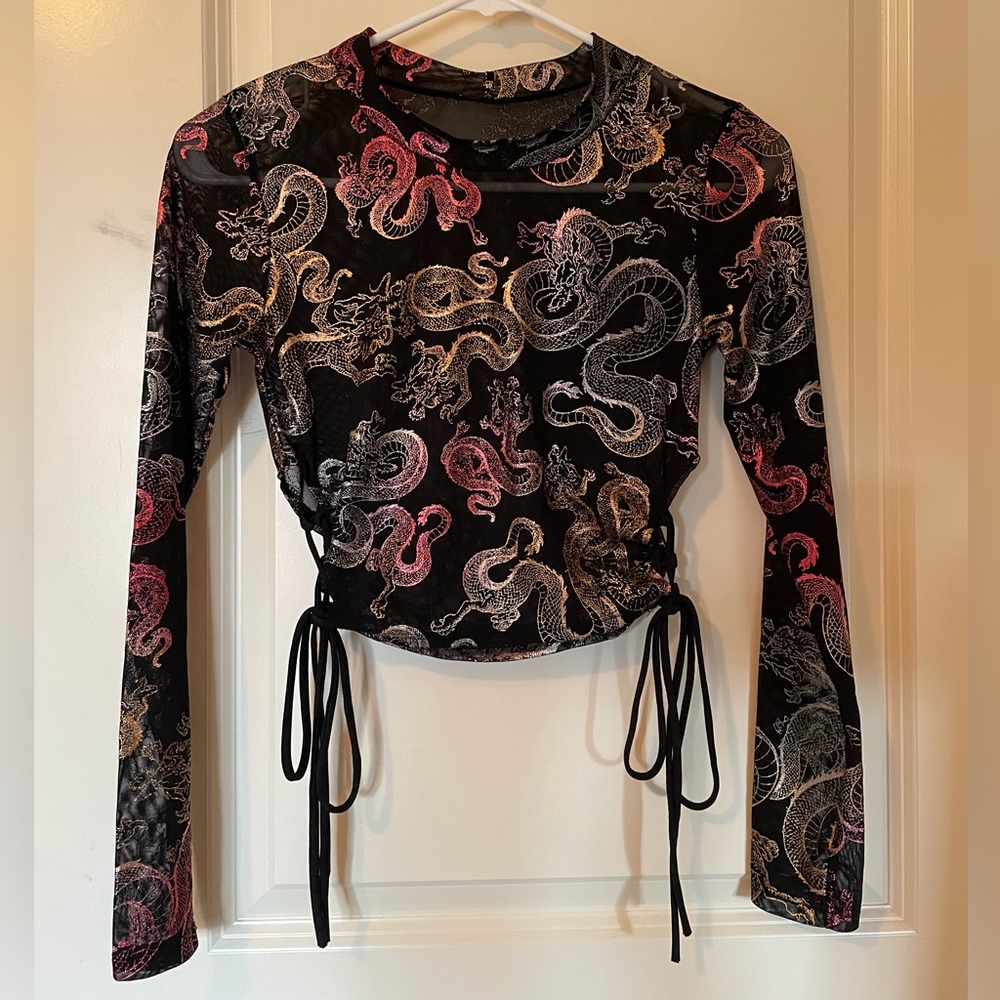 Sheer Long-Sleeve Dragon Crop Top